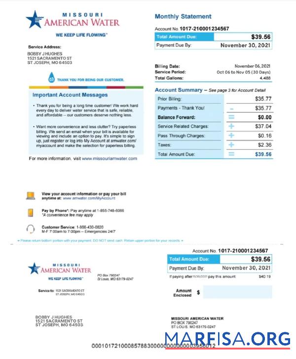 Downloadable USA MISSOURI AMERICAN WATER utility bill Word and PDF template